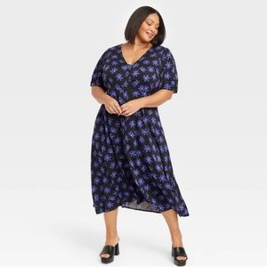 NWT Ava & Viv Short Sleeve Button Front Shirtdress Black Floral